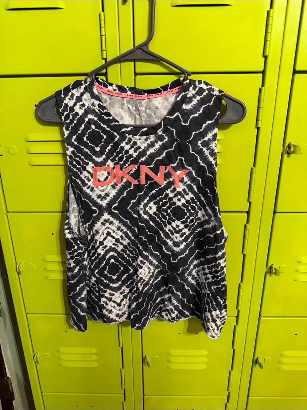 DKNY Black & White Geometric Logo Muscle Tee with Coral Accents